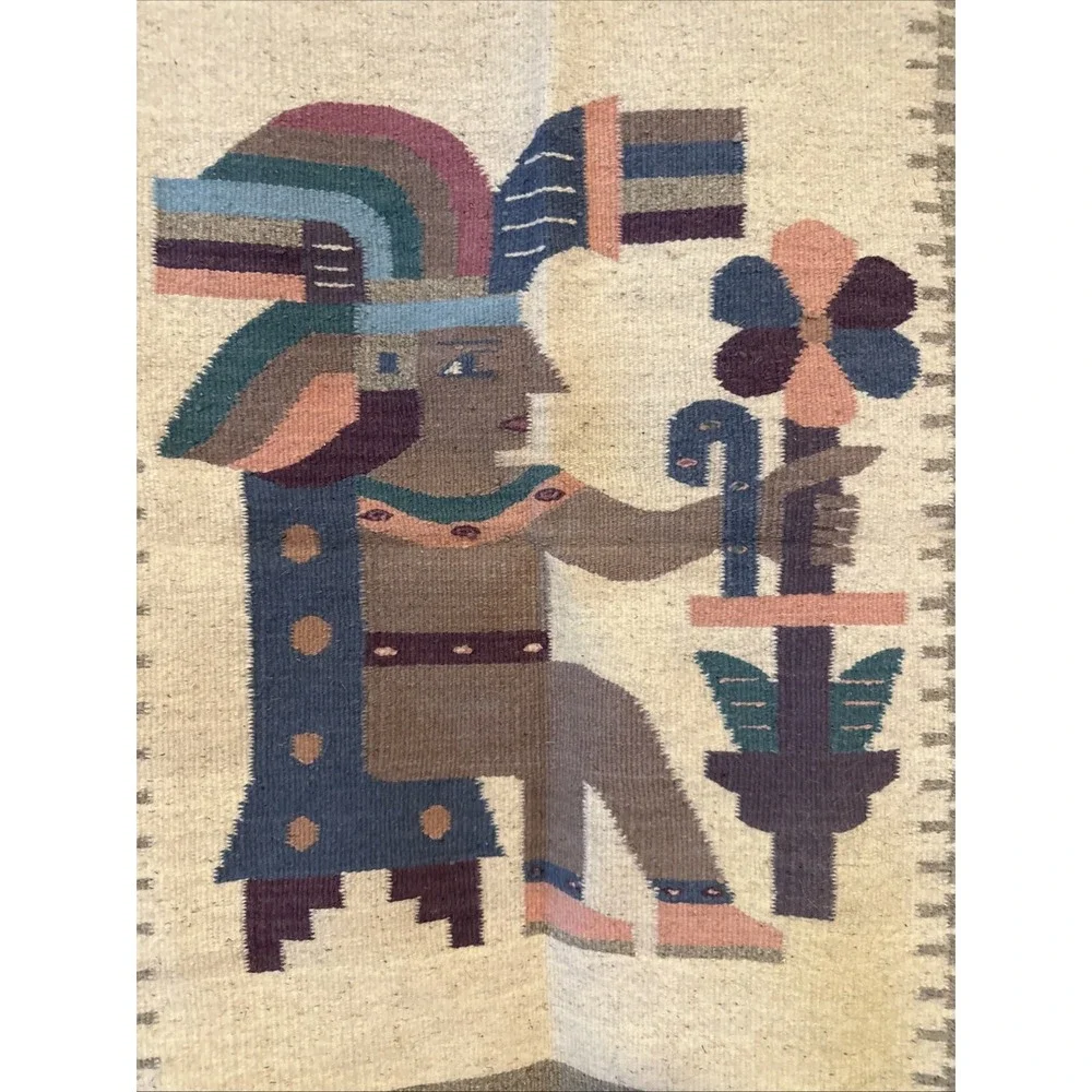 Vtg Rug Wool Hand Woven Aztec Pictorial Mexico Tapestry Prayer Rug/ Hang 36